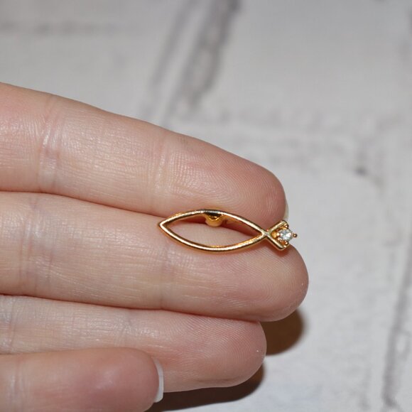 🐟 Vintage Gold Ichthys Lapel Pin – Rhinestone Accent – 1" Long  💛 - Picture 2 of 4